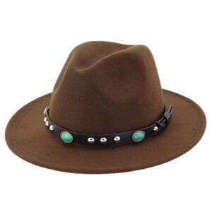 Brown Wide Brim Fedora Hat Felt Panama Jazz Cap Unisex Men Women,Turquoise Strap